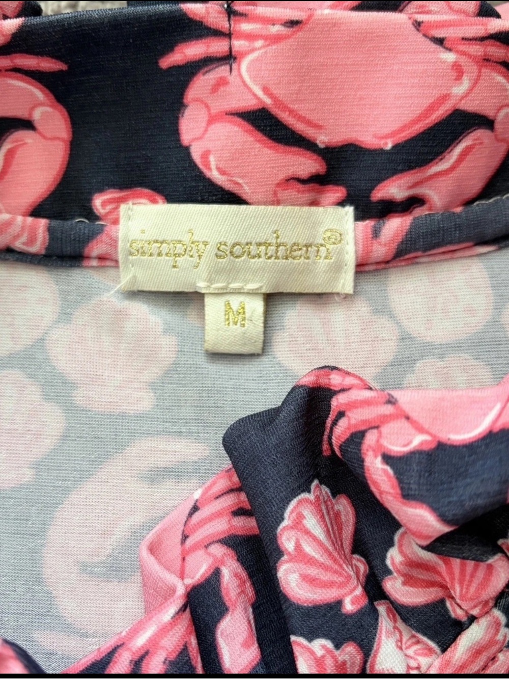 SIMPLY SOUTHERN Dress Womens Medium Navy Pink Crab Shell Print Ruffle Neck Midi - Picture 4 of 9